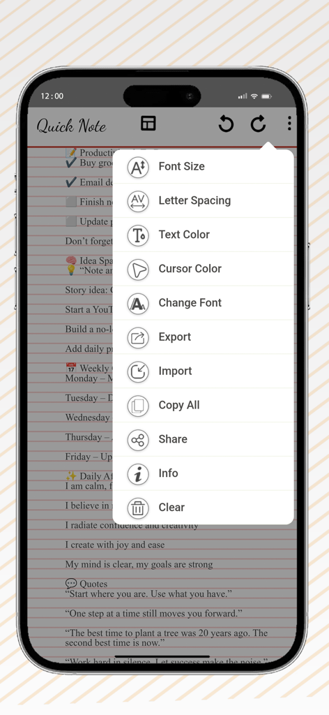 Quick Note App zeigt Einstellungen für Schriftgröße, Textfarbe und Dateiexport.