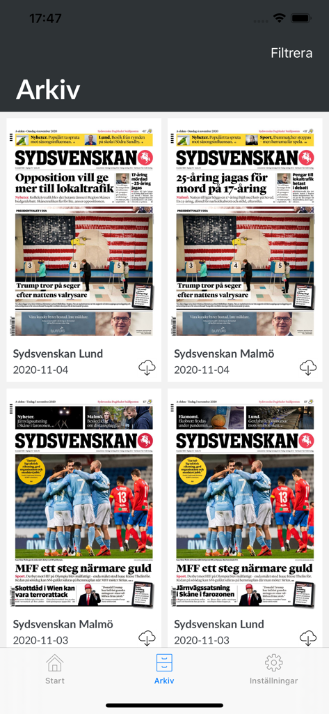 Sydsvenskan E-tidningアプリのアーカイブ画面。マルメとルンドのデジタル新聞版が表示されています。