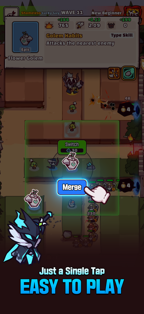 Coop TD - Coop TD-Gameplay-Bildschirm, der eine Handikone zeigt, die auf eine blaue Zusammenführen-Schaltfläche tippt, um Blumen-Golem-Einheiten zu kombinieren