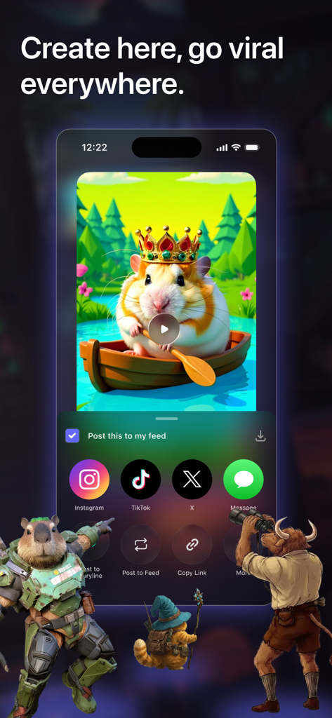 Cantina‎ - Cantina app screen showing an AI character video with options to share on platforms like TikTok and Instagram