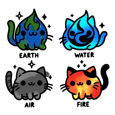 4 cats that represent the different elements, earth, water, air, and fire