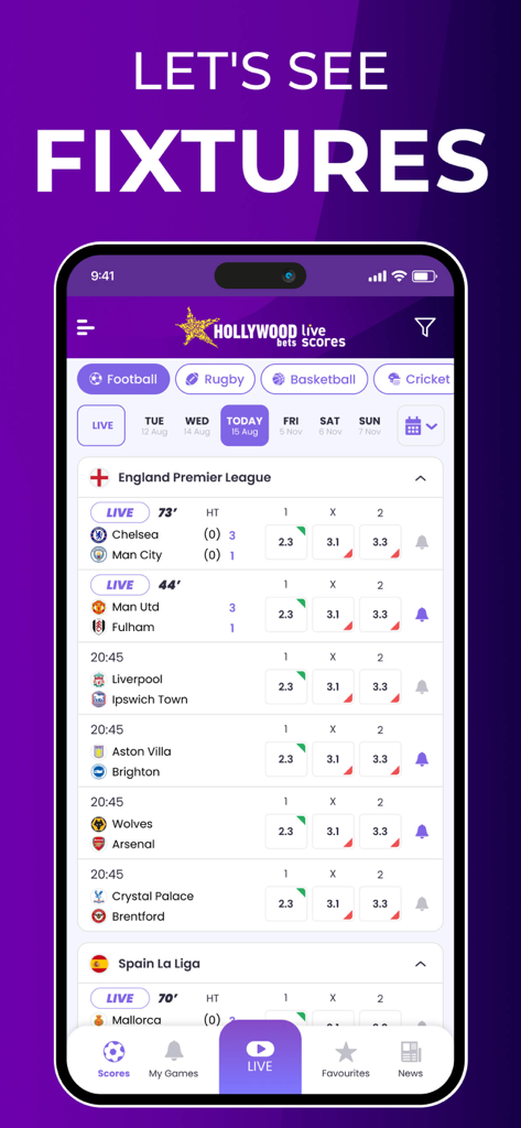 Hollywoodbets Live Scores mobile app displaying live football match results and fixtures for the English Premier League and La Liga.