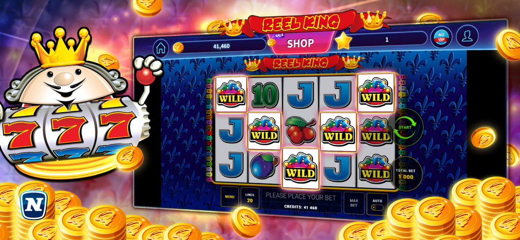 Reel King™ Slot - Reel King slot machine interface with wild symbols and golden coins