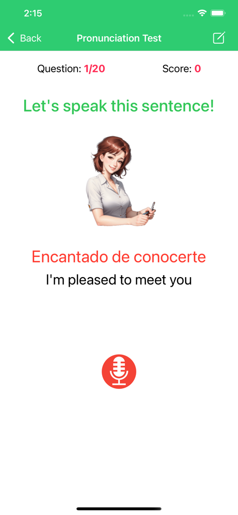Learn Spanish Language Offline - Mobile app screen showing a Spanish pronunciation test with the phrase Encantado de conocerte