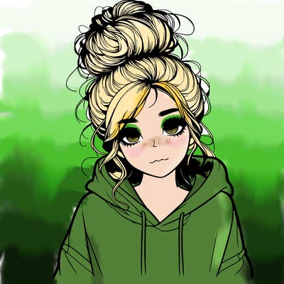 realistic girl with a massy bun and a hoodie