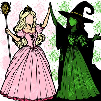 detailed realistic split of a princess and a witch