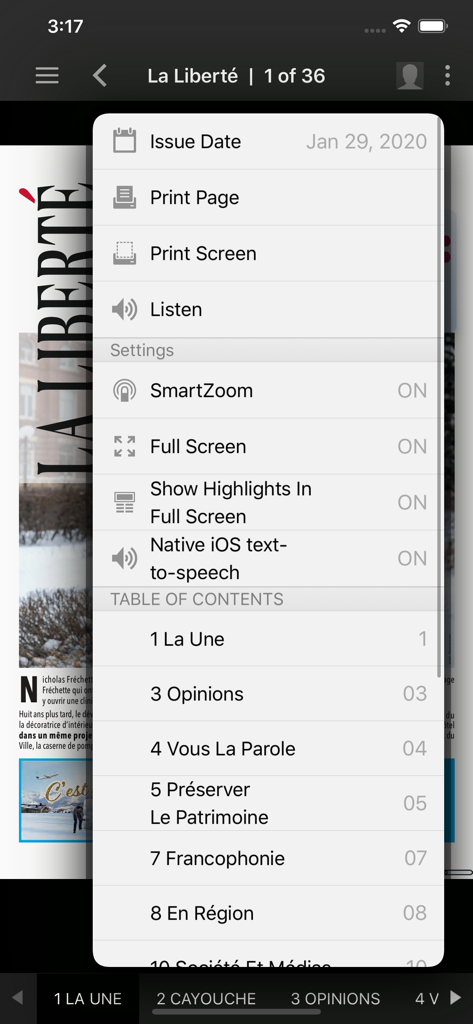 LA LIBERTÉ - Menú de la aplicación del periódico La Liberté que muestra opciones de navegación por fecha de publicación y tabla de contenidos