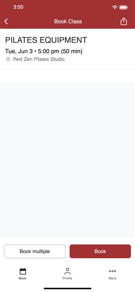 필라테스 장비 수업 예약을 위한 Red Zen Pilates 앱 화면