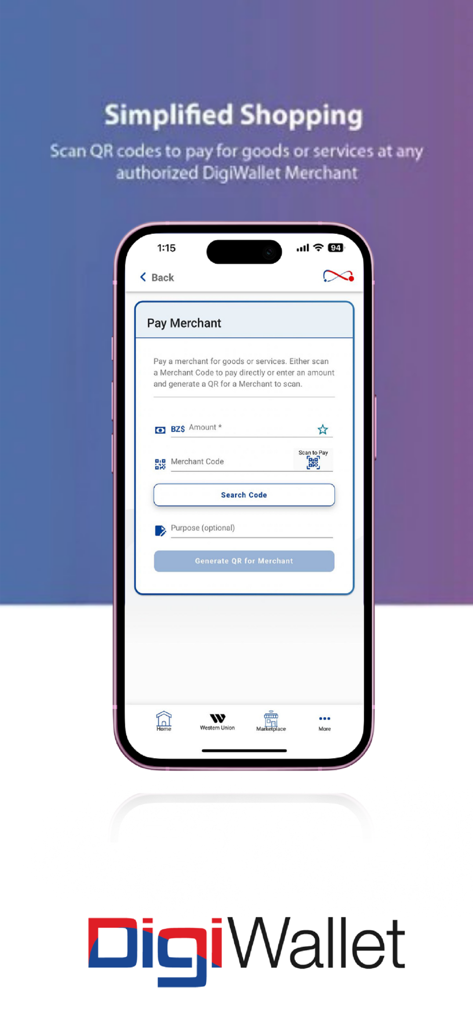 Interfaz de la aplicación DigiWallet BZ para pagos en comercios usando códigos QR