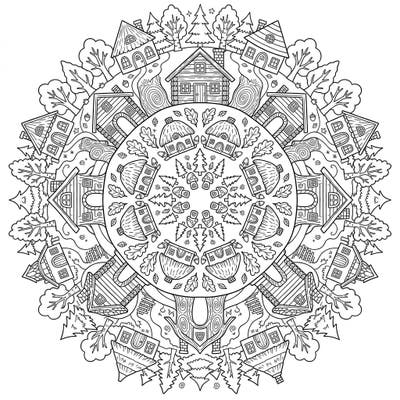 Immerse yourself in the tranquility of a hidden forest with this captivating Woodland Cottages Mandala coloring page. This intricate design invites you to bring charming tiny homes and natural elements to life with your favorite colors.