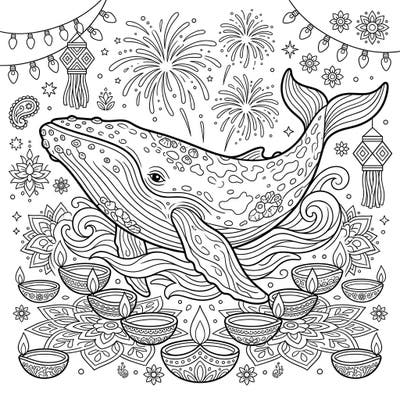 Embark on a creative journey with this enchanting coloring page, where a magnificent gray whale gracefully glides through waves amidst a vibrant Diwali celebration. Discover intricate details of festive lights, fireworks, and traditional patterns, all awaiting your imaginative splash of color.