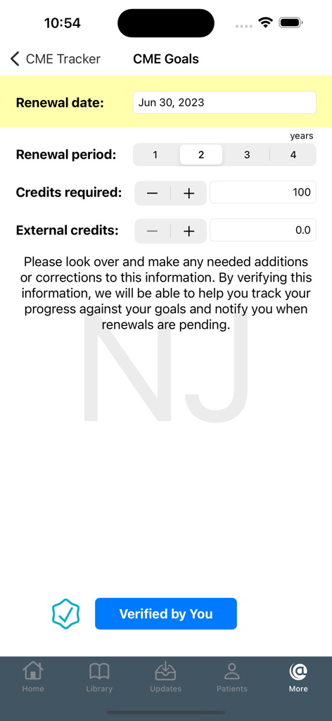 Neurology @Point of Care - CME goals screen in the Neurology @Point of Care app for tracking medical education credits.