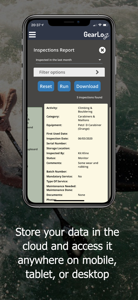 Mobile app screen showing a GearLog inspections report for climbing equipment