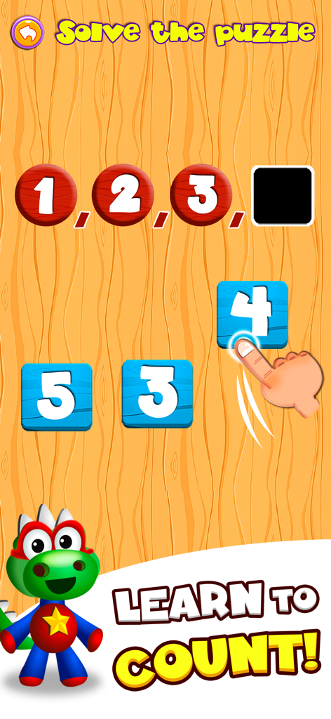 Dino Tim Premium: Basic math - Educational math game for kids showing a number sequence puzzle to learn counting with Dino Tim