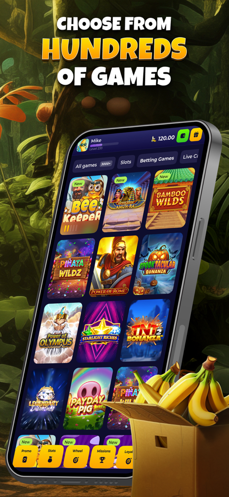 BananaBets – Slots & More - BananaBets app interface showing a wide selection of jungle themed slot games on a mobile screen