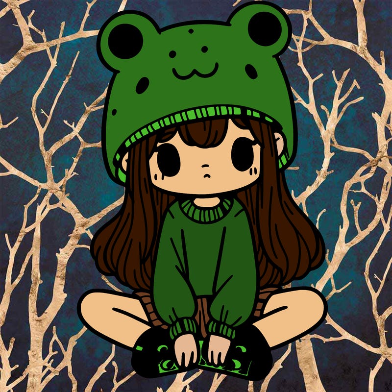 a girl wearing a frog hat and some frog socks