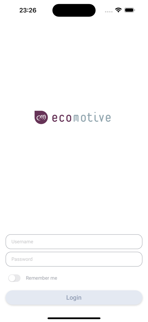 Ecomotive+ - Ecomotive plus fleet management app login screen showing username and password input fields