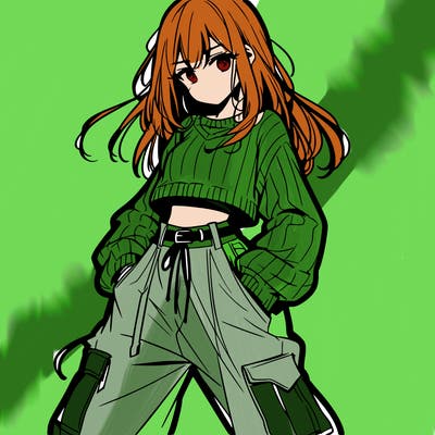 anime teen girl with baggy pants and crop top with sweater