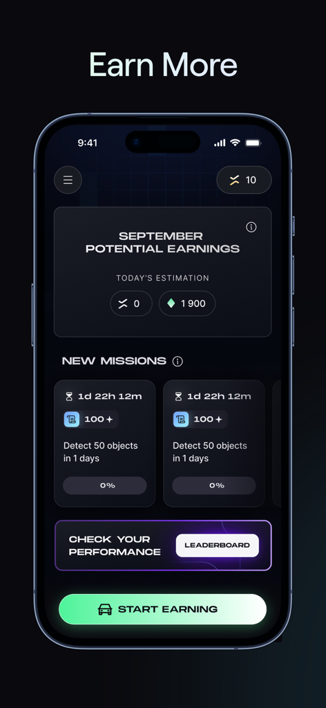 NATIX Drive& - Interface of NATIX Drive& app displaying potential earnings and driving missions