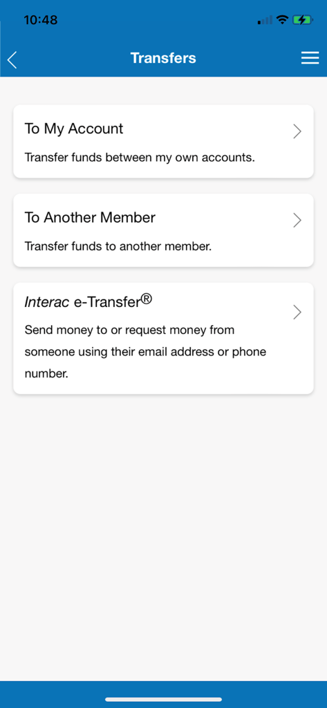 Coastal Community Credit Union mobile app screenshot showing transfer options including internal accounts, other members, and Interac e-Transfer.
