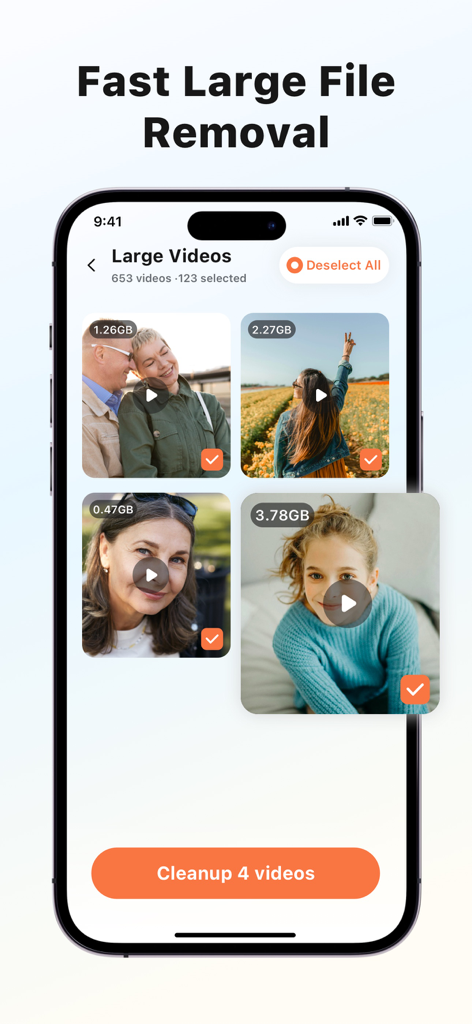 ClearPico:Clean Up Storage - ClearPico mobile app interface showing the selection of large video files for removal to free up phone storage.
