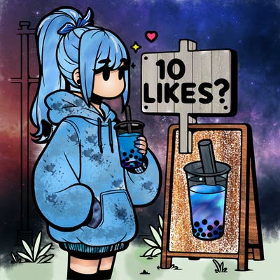 girl with oversized hoodie drinking boba and she has a high ponytail with a sign that says 10likes?