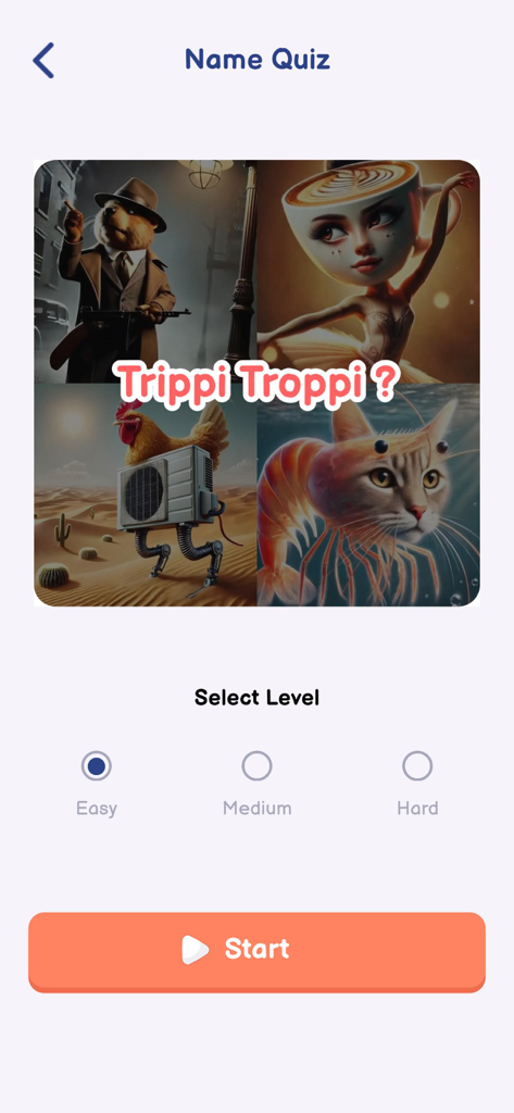 Italian Brainrot Quiz: Sounds - Écran du mode Quiz Nom de l'application Italian Brainrot montrant un collage de personnages mèmes surréalistes et des paramètres de difficulté.