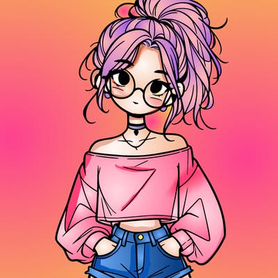 girl with a messy ponytail glasses a baggy crop top and jean shorts