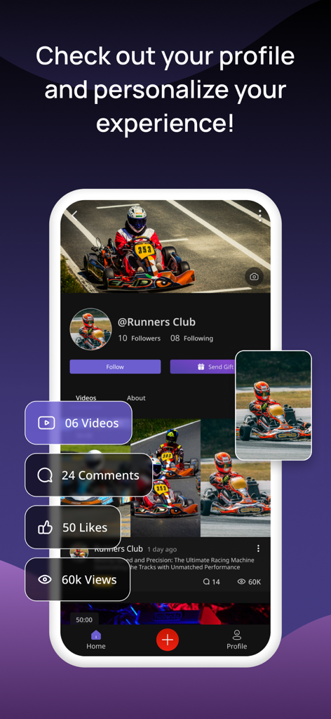 ViuLive: Multicam Live Stream - Página de perfil de creador de la aplicación ViuLive que muestra estadísticas del creador y contenido de video de carreras.