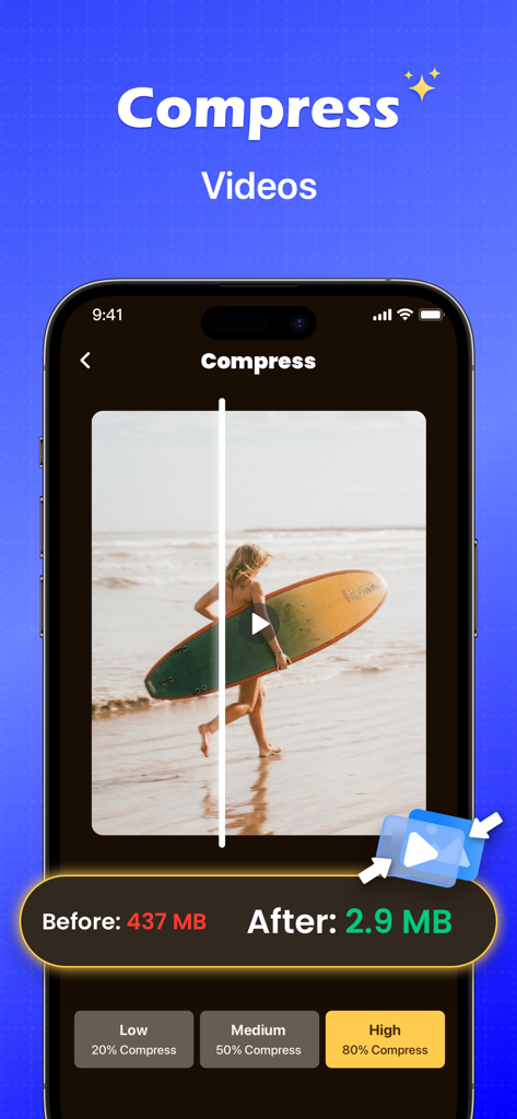 iPhone screen showing the Boost Cleaner app compressing a video from 437MB down to 2.9MB to free up storage space.