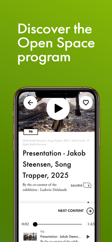 Fondation Louis Vuitton - Screenshot of the Fondation Louis Vuitton app showcasing the Open Space program with an exhibition presentation by Jakob Steensen