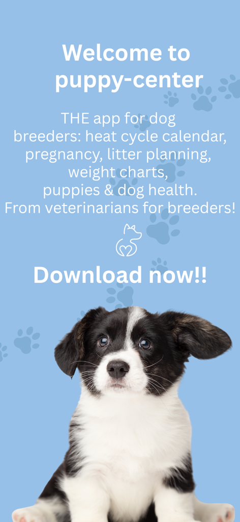 Startbildschirm der Puppy-Center App mit einem schwarz-weißen Welpen und einer Liste von Werkzeugen für das Hundezuchtmanagement.