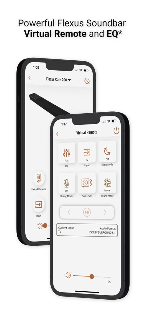 Interface of the Klipsch Connect Plus app showing the virtual remote and EQ settings for the Flexus soundbar