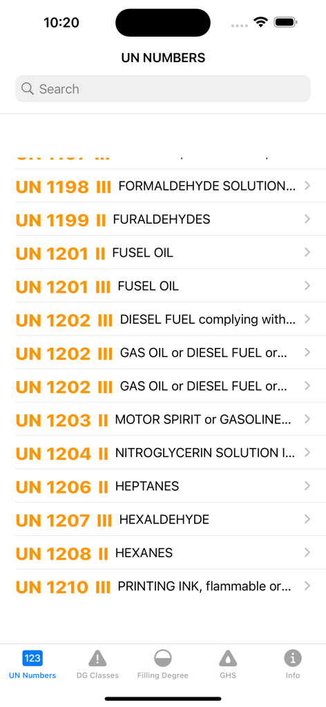 List of UN numbers and chemical substance names in the ADR dangerous goods app.