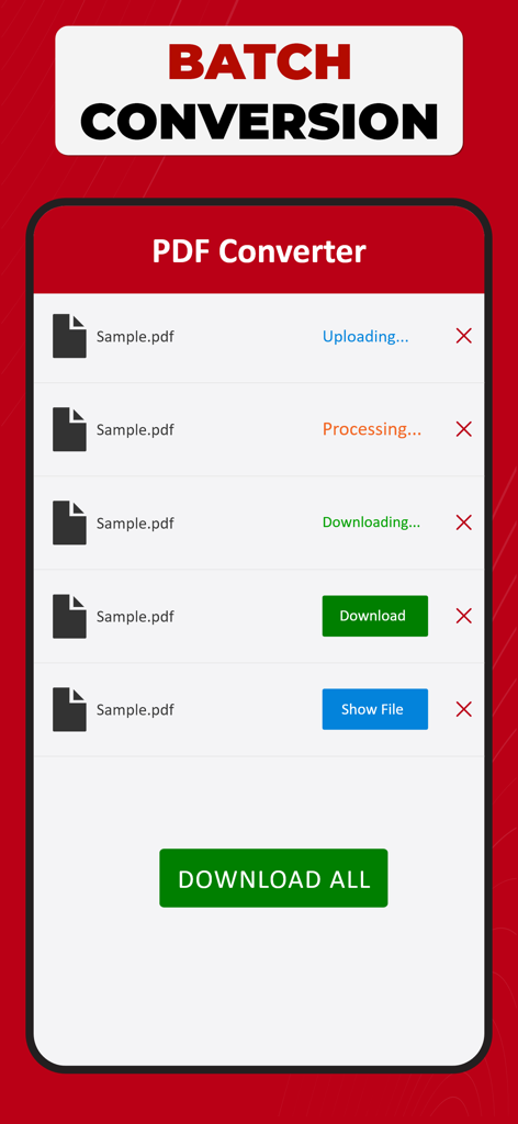 PDF Converter: Photo to PDF ! - Interface of the PDF Converter app showing the batch conversion screen with multiple files being processed and a Download All button.