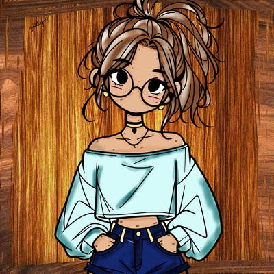 girl with a messy ponytail glasses a baggy crop top and jean shorts