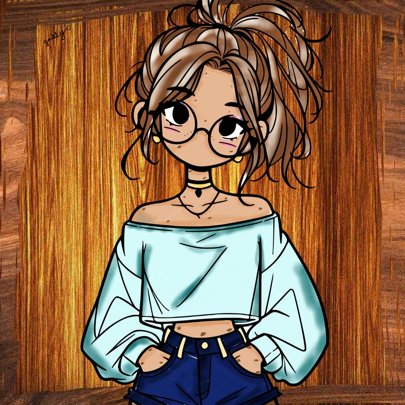 girl with a messy ponytail glasses a baggy crop top and jean shorts