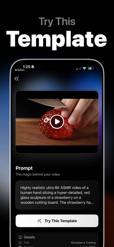 AI ASMR Video Generator: CALMR - Calmr app interface showing a viral ASMR template for slicing a glass strawberry sculpture with a prompt box and button.