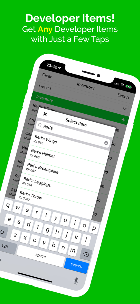 Plug for Terraria - Screenshot of Plug for Terraria showing a search for exclusive developer items like Reds Wings