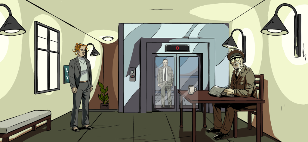 Parallel Experiment - Une scène noir façon bande dessinée montrant le détective Ally dans le hall d'un bâtiment avec un agent de sécurité et un ascenseur.