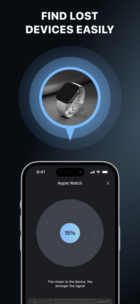 Interface do aplicativo Phone Tracker mostrando a intensidade do sinal para encontrar facilmente um Apple Watch perdido.