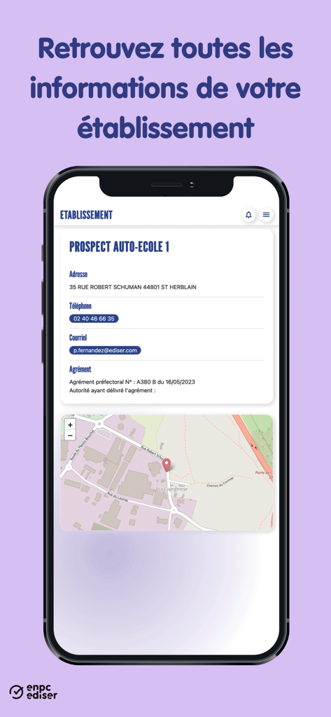 Kopilote - Kopilote app interface showing driving school contact information and a map location