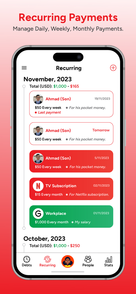 Mobile app screen showing a timeline of recurring expenses and income with color coded tags