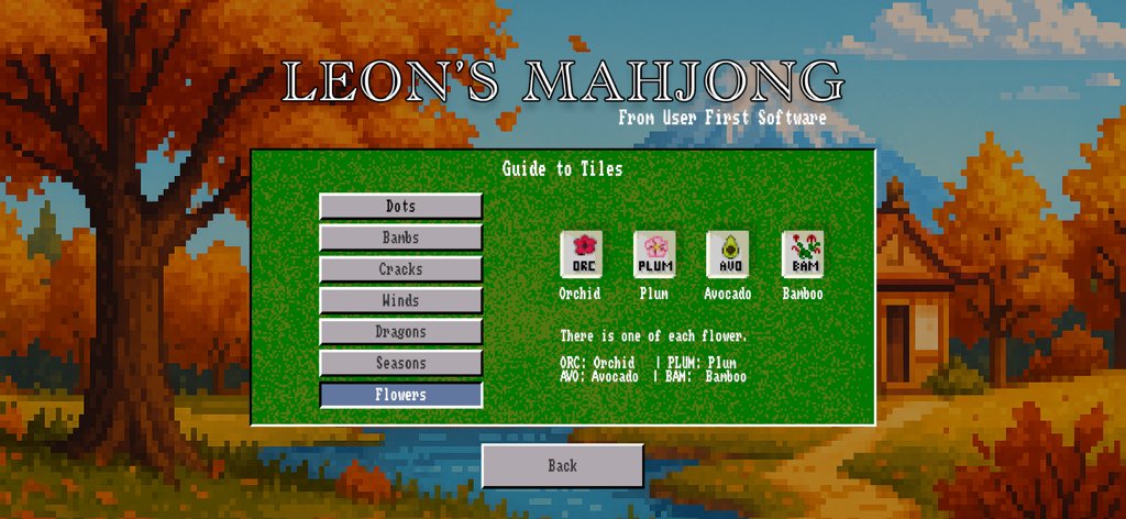 A pixel art guide screen in Leons Mahjong showing various flower tile types like orchid and plum