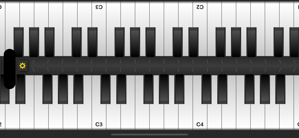 Piano Modoki app interface featuring a double row mirrored keyboard layout with note labels