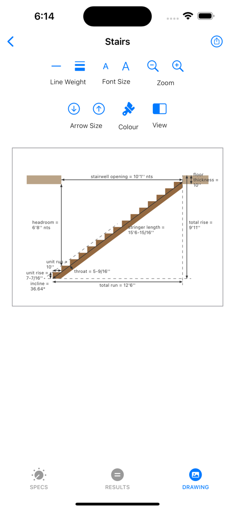 Construction Calc Pro 2 - Technical stair calculation diagram in Construction Calc Pro 2 showing measurements for rise run and stringer length