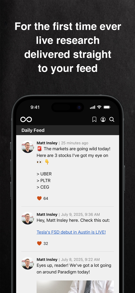 Paradigm Press - Paradigm Press App-Oberfläche, die einen täglichen Feed von Live-Finanzrecherchen und Aktienempfehlungen anzeigt.
