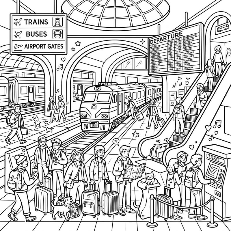 Hop aboard a coloring adventure with this bustling public transport hub scene, perfect for kids! Bring to life trains, buses, and a world full of travelers with your favorite colors.