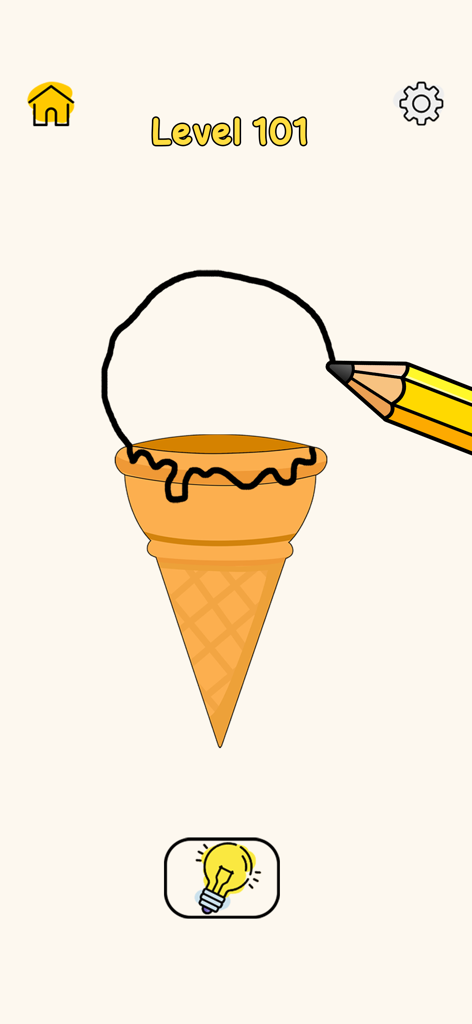 A pencil drawing a scoop of ice cream on a cone in a draw one part puzzle game