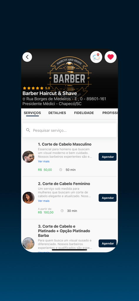 AppBarber: Cliente - Liste der Dienstleistungen im Friseursalon in der AppBarber-App mit Männer- und Frauenhaarschnitten mit Preisen und Buchungsschaltflächen